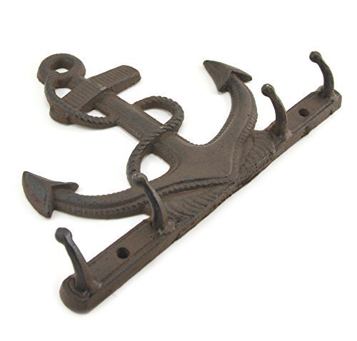 Product Cover Coat Key Holder 4 Hook Rack, Rustic Cast Iron Anchor, Nautical Wall Decor, 10-inch