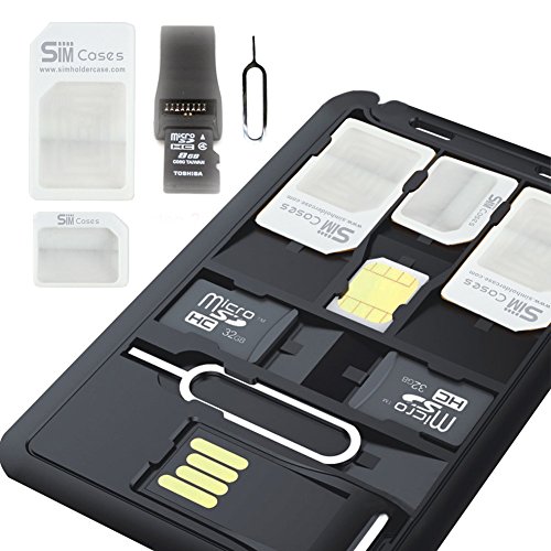Product Cover SIMCases Slim SIM Card holder case & MicroSD card Storage + 1 USB Memory card reader 3 sim card Adapters 1 Iphone pin Tray Opener, Holds 4 SIM Cards 1 Micro 1 Nano sim & 2 MicroSD TF cards, CC size