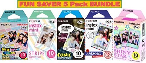 Product Cover Fujifilm Instax Mini 5 Pack Bundle Includes Stained Glass, Comic, Stripe, Shiny Star, Airmail. 10 sheets X 5 Pack = 50 Sheets.