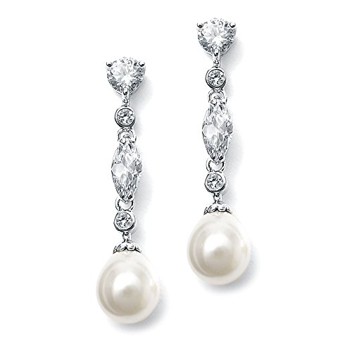 Product Cover Mariell Linear Cubic Zirconia and Bold Pearl Teardrop Wedding Earrings for Brides - Platinum Plated