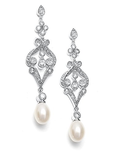 Product Cover Mariell Vintage Cubic Zirconia Rhodium Scroll Bridal Earrings with Genuine Freshwater Pearl Drops