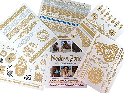 Product Cover Modern Boho 5 Sheets Metallic Tattoos, Gold/Silver Flash, Namaste Collection