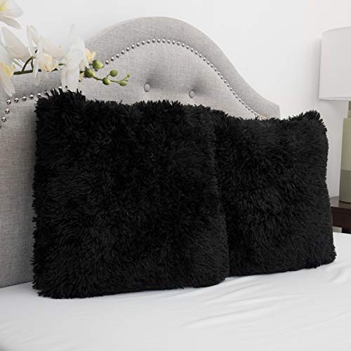 Product Cover Sweet Home Collection Plush Pillow Faux Fur Soft and Comfy Throw Pillow (2 Pack), Black