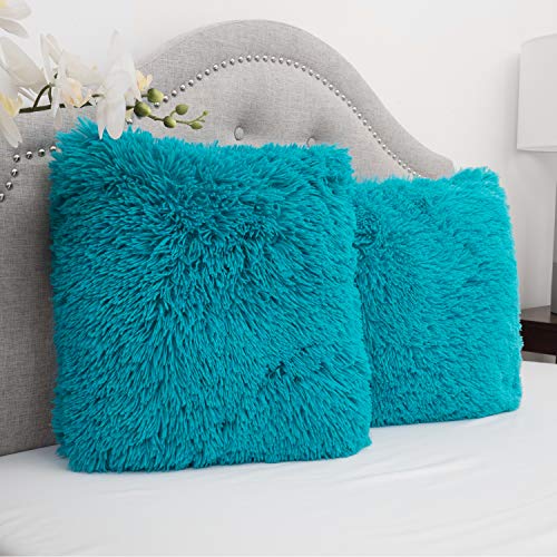 Product Cover Sweet Home Collection Plush Pillow Faux Fur Soft and Comfy Throw Pillow (2 Pack), Turquoise