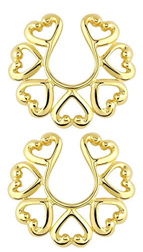 Product Cover Vintage Hearts Clip on Non-Pierce No Pierce Fake Nipple Ring - Gold Tone - Sold as a Pair