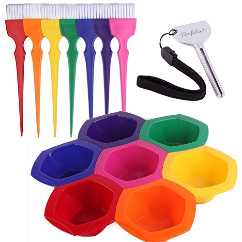 Product Cover Small Hair Coloring Dye Mixing Tint Bowls and Brush Kit - Set of 7 Different Rainbow Color