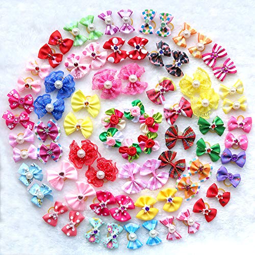 Product Cover yagopet 50pcs/Pack Cute New Dog Hair Bows Pairs Rhinestone Pearls Flowers Topknot Mix Styles Dog Bows Pet Grooming Products Mix Colors Pet Hair Bows Topknot Rubber Bands