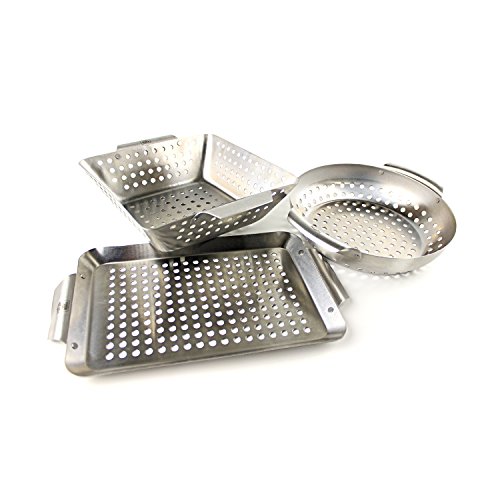 Product Cover Yukon Glory Set of 3 Professional Barbecue Mini Grilling Basket Set, Heavy Duty Stainless Steel Perforated Grill Baskets for Grilling Veggies, Seafood, and More