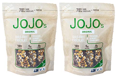 Product Cover JOJO's Guilt Free Dark Chocolate | 14 - 1.2 oz Bars | Keto, Vegan, Paleo Friendly, Non GMO, Gluten Free Healthy Snacks | Low Sugar Chocolate, Plant Based Protein, Almonds Pistachios Cranberries 2 Bags