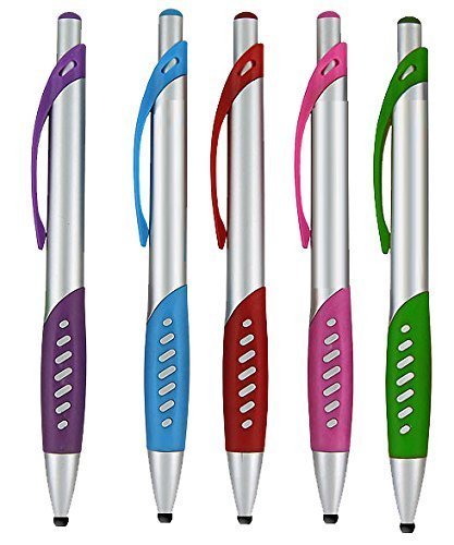 Product Cover 2 in 1 Capacitive Stylus & Ballpoint Pen Comfort Grip for Any Touchscreen Device, iPad, iPhone 6,6 Plus, iPod, Android, Galaxy, Dell, Note, Samsung (Silver-5 Pack)