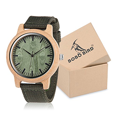 Product Cover BOBO BIRD Unisex Bamboo Wooden Watch for Men and Women Analog Quartz Lightweight Handmade Casual Watches with Green Nylon Strap