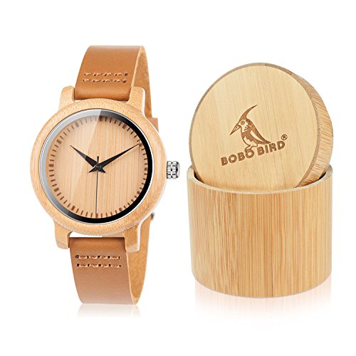 Product Cover BOBO BIRD Women's Bamboo Wooden Watch with Brown Cowhide Leather Strap Analog Quartz Casual Watches