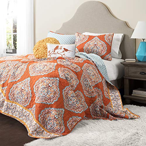 Product Cover Lush Décor Harley Quilt Damask Pattern Reversible 5 Piece Bedding Set, King, Tangerine