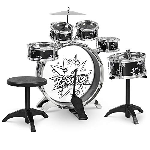 Product Cover Best Choice Products 11-Piece Kids Starter Drum Set for Beginner Learning, Motor Development, Creativity, Musical Skill w/ Bass Drum, Tom Drums, Snare, Cymbal, Stool, Drumsticks - Black