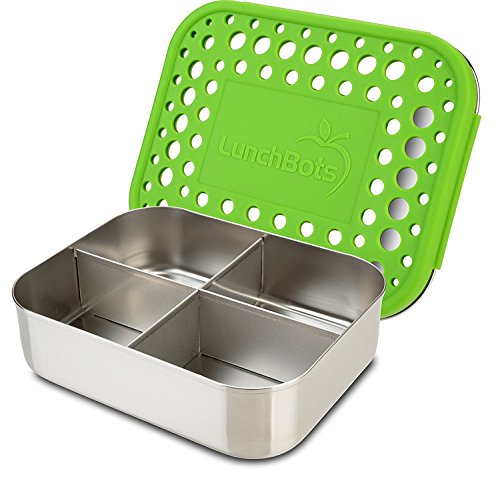 Product Cover LunchBots Medium Quad Snack Container - Divided Stainless Steel Food Container - Four Sections for Finger Foods On the Go - Eco-Friendly, Dishwasher Safe - Stainless Lid - Green Dots