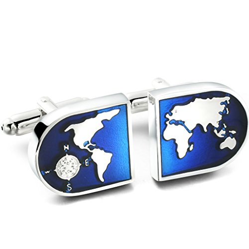 Product Cover Jstyle Jewelry Men's World Map Shirts Cufflinks, Wedding, Color Blue Silver, 1 Pair Set