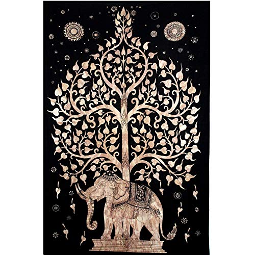 Product Cover Your Spirit Space (TM Black/Brown/Gold Good Luck Elephant Tapestry-Tree of Life. Quality Home or Dorm Hippie Wall Hanging. The Ultimate Bohemian Tapestry Decoration