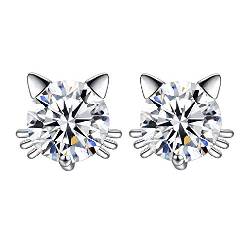 Product Cover 925 Sterling Silver imitation Diamond Crystal Inlaid Cat Stud Earrings (White)