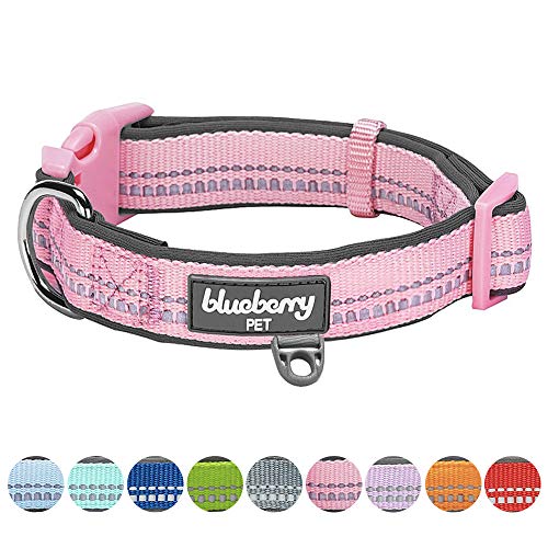 Product Cover Blueberry Pet 9 Colors Soft & Safe 3M Reflective Neoprene Padded Adjustable Dog Collar - Baby Pink Pastel Color, Large, Neck 18