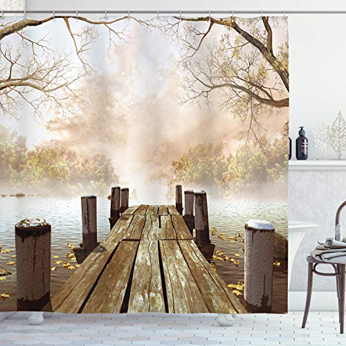 Product Cover Ambesonne Autumn Shower Curtain, Old Wooden Jetty on a Lake with Fallen Leaves and Foggy Forest in Distance, Cloth Fabric Bathroom Decor Set with Hooks, 70