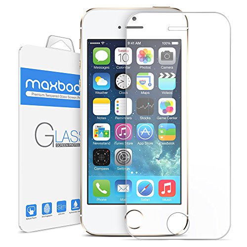 Product Cover Maxboost iPhone 5S Screen Protector tempered Glass Thinnest Ballistics Glass, 99% Touch-Screen Accurate, Round Edge Ultra-Clear Casings Perfect Fit for Apple iPhone 5/5S/5C