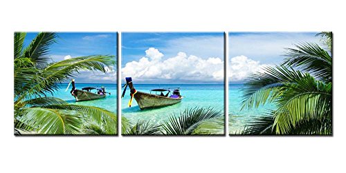 Product Cover Canvas Print Wall Art Painting For Home Decor Tropical Seascape Blue Sandy Beach Palm Trees Long Tail Boats Maya Bay Thailand 3 Pieces Panel Picture Modern Giclee Stretched Framed Artwork Photo Prints