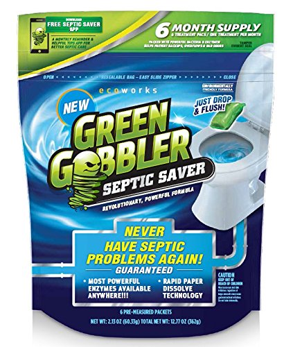 Product Cover Green Gobbler SEPTIC SAVER Bacteria Enzyme Pacs - 6 Month Septic Tank Supply (FREE Green Gobbler REMINDER APP) 7.8 oz Total