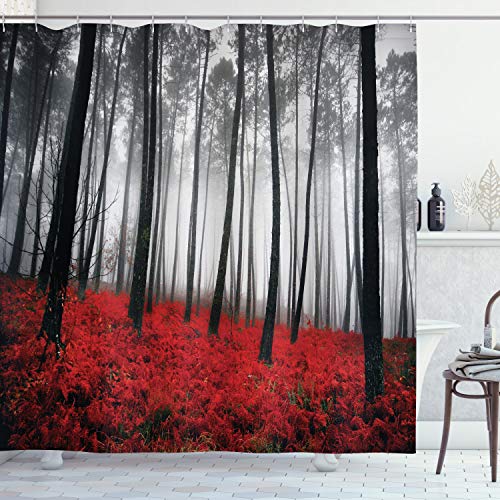 Product Cover Ambesonne Forest Shower Curtain, Mystical Fantasy Woodland Under Heavy Fog Tall Trees Bushes Contrast Colors, Cloth Fabric Bathroom Decor Set with Hooks, 70