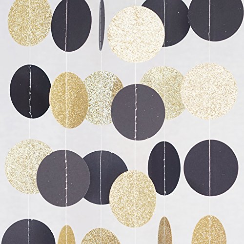 Product Cover Chloe Elizabeth Circle Dots Paper Party Garland Streamer Backdrop (10 Feet Long) - Black, Gold Glitter