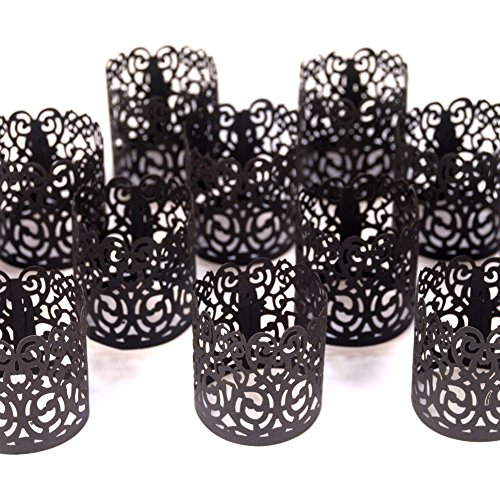 Product Cover Frux Home and Yard Votive Candle Holders - Flameless Tea Light Votive Wraps- 48 Black Colored Laser Cut Decorative Wraps Flickering LED Battery Tealight Candles (not Included)