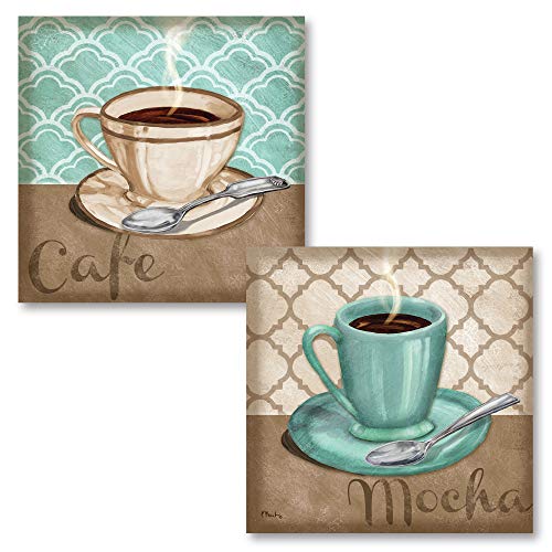 Product Cover Gango Home Decor 2 Trellis Cafe and Mocha Quartrefoil Brown and Teal Cups of Coffee; Two 12x12 Poster Prints