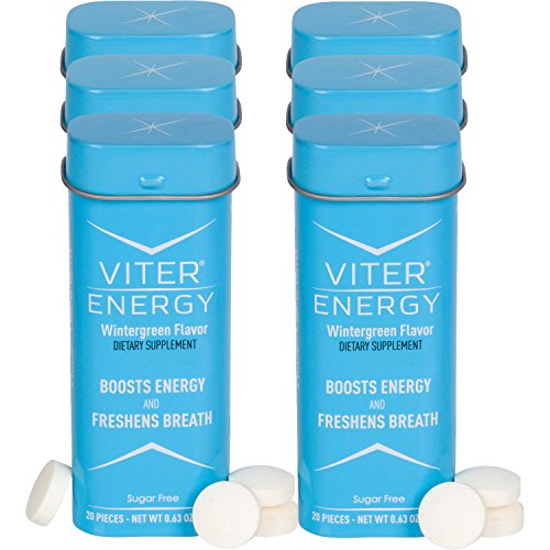 Product Cover Viter Energy Wintergreen Caffeinated Mints - 40mg Caffeine & B-Vitamins Per Powerful Sugar Free Mint. Boost Energy, Focus & Fresh Breath. 2 Pieces Replace 1 Coffee, Energy Drink, Caffeine Candy & Gum(6 X 20 Piece Containers)