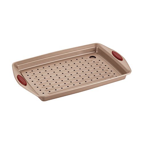 Product Cover Rachael Ray 57113 Cucina Nonstick Bakeware Set with Grips, Nonstick Cookie Sheet / Baking Sheet with Crisper Pan - 2 Piece, Latte Brown with Cranberry Red Handle Grips