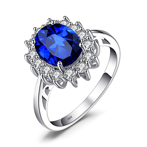 Product Cover JewelryPalace Gemstones Created Blue Sapphire Birthstone Halo Solitaire Engagement Rings For Women For Girls 925 Sterling Silver Ring Princess Diana William Kate Middleton Size 8