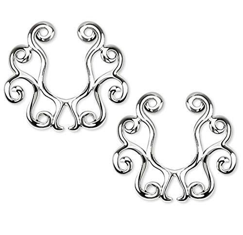 Product Cover Vintage Tribal Floral Clip on Non-Pierce No Pierce Fake Nipple Ring - Silver Tone - Sold as a Pair
