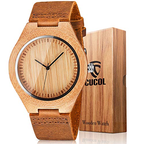 Product Cover CUCOL Men's Bamboo Wooden Watch with Brown Cowhide Leather Strap Japanese Quartz Movement Casual Watches