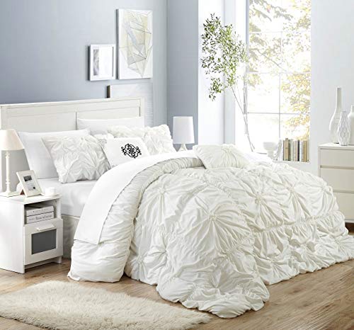 Product Cover Chic Home Halpert 6 Piece Comforter Set Floral Pinch Pleated Ruffled Designer Embellished Bed Skirt, King, White