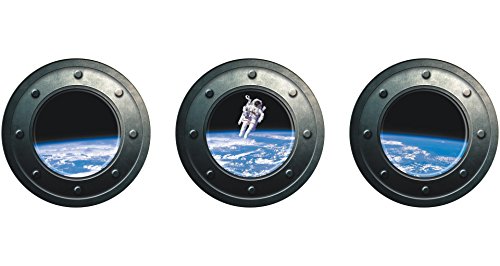Product Cover DNVEN 13 inches x 13 inches x 3pcs Set of 3 3D Astronaut Spaceman Galaxy Space Window View Faux Submarine Window Partial Frosted Frosting Murals Wall Decals Removable Wall Stickers for Bedrooms