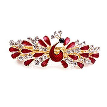 Product Cover So Beauty Women's Peacock Showing off Tails Shaped Rhinestone French Barrette Hair Clip Red