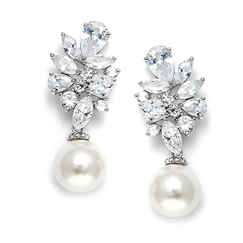 Product Cover Mariell Bold CZ Cluster Wedding Bridal Earrings with Light Ivory Pearl Drops - Genuine Platinum Plated