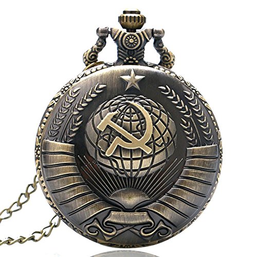 Product Cover Antique USSR Soviet Sickle Hammer Quartz Pocket Watch Necklace Chain Mens Pendant Bronze