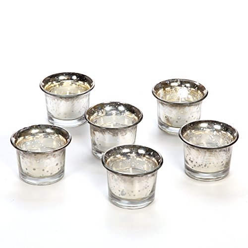 Product Cover Hosley's Set of 6, Metallic Antique Silver Glass Mercury Style Candle/Tealight Holder with Free 6 Tealights. Ideal GIFT for Wedding, Bridal, Party, Votive, LED Tea Light Gardens O3