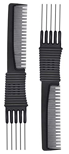 Product Cover 2pcs Black Carbon Lift Teasing Combs with Metal Prong, Salon Teasing Lifting Fluffing Comb with 5 Stainless Steel Pins