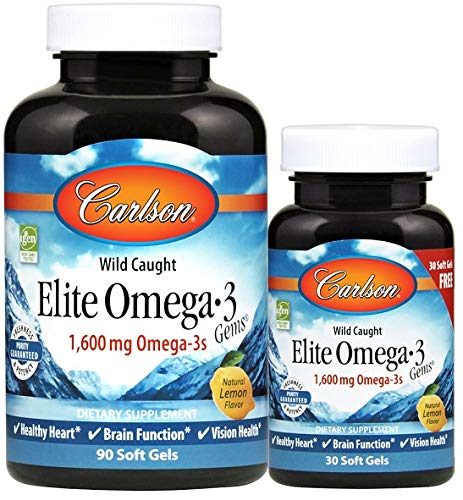 Product Cover Carlson Labs - Norwegian Elite Omega-3 Gems Fish Oil Professional Strength Lemon Flavored 1600 mg. - Bonus Pack 90 + 30 Softgels
