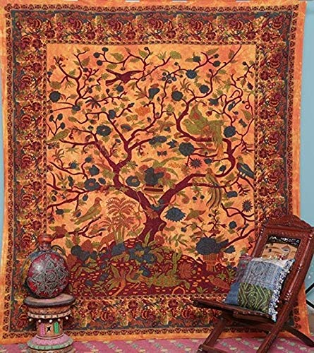 Product Cover Popular Handicrafts Tree of Life Bohemian Psychedelic Intricate Floral Design Indian Bedspread Tapestry 90x84 Inches,(230cmsx215cms) Orange