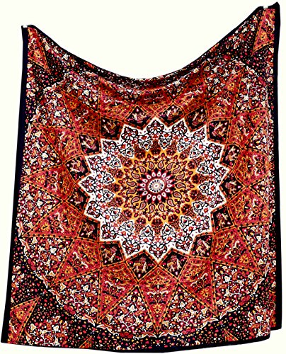 Product Cover Popular Handicrafts Hippie Kaleidoscopic Star Intricate Floral Design Indian Bedspread Tapestry 84x90 Inches,(215cmsx230cms) Red Black