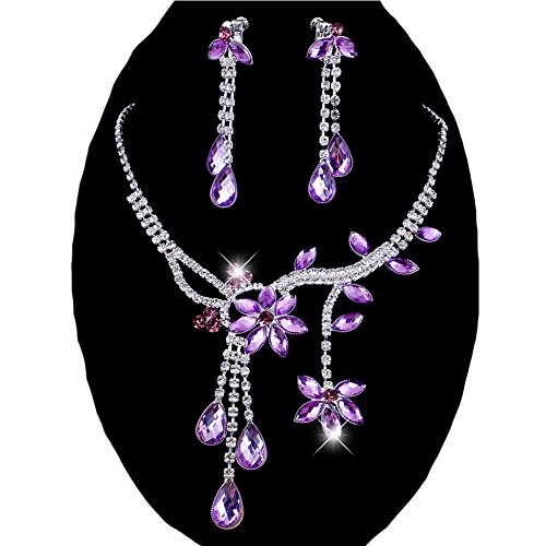 Product Cover Chunlin Wedding Bridal Flower Leaf Rhinestone Crystal Necklace Drop Earrings Jewelry Set (Purple)