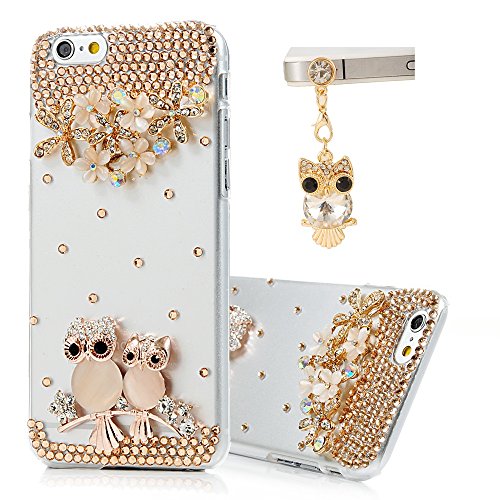 Product Cover Iphone 6 Case (4.7 Inch) - Mavis's Diary 3D Handmade Bling Crystal Opal Owls Flowers Branch Shiny Glitter Sparkly Diamond Rhinestone Clear Hard PC Case Cover with Cute Owl Dust Plug & Soft Clean Cloth
