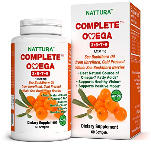 Product Cover Complete Omega 3-6-7-9 * Pure Sea Buckthorn Oil * European Quality * from Unrefined, Cold Pressed Whole Sea Buckthorn Wild Berries - Non-GMO, Certified Kosher, Gluten-Free (1 Bottle (60 Capsules))