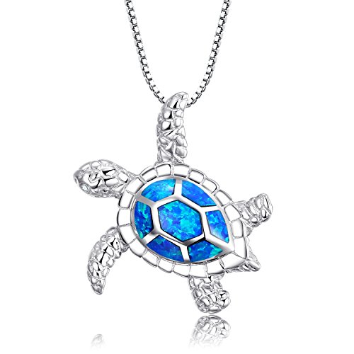 Product Cover Victoria Jewelry [Health and Longevity 925 Sterling Silver Created Blue Opal Sea Turtle Pendant Necklace 18